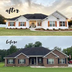 before and after photos of a house with red shutters on the front, and in the back