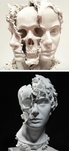 two different sculptures with faces and hair on them, one in white and the other in black