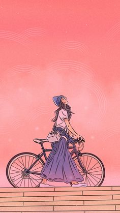 a woman in a long dress is riding a bicycle on the street with a pink sky behind her