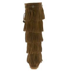 Tiered fringe cascades down the shaft of a comfortable moccasin boot grounded by a nubby rubber sole. Antiqued studs embellish the braided collar for subtle detail. Style Name:Minnetonka 1659 Five Layer Fringe Boot. Style Number: 265995. Available in stores. Bohemian Suede Boots With Fringe, Bohemian Suede Fringe Boots, Bohemian Style Fringe Suede Boots, Moccasin Boots, Fringe Boots, 8 M, Flapper Dress, Womens Boots, Braids