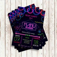 neon party flyer template on wood background