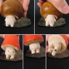 there are four pictures of different mushrooms being held by someone's hand and the mushroom is made out of clay