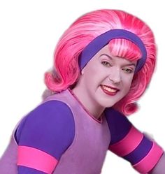 a woman with pink hair and purple bodysuit