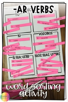 word sorting activity with pink paper strips and words in spanish on the side, as well as