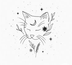 a black and white drawing of a cat's face with stars in the background