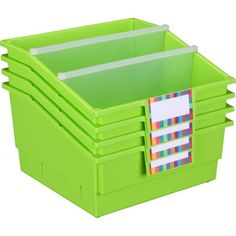 stacking bins with dividers on each side and labels attached to the sides