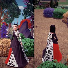 two pictures of a woman in a long dress and an image of a butterfly on the ground