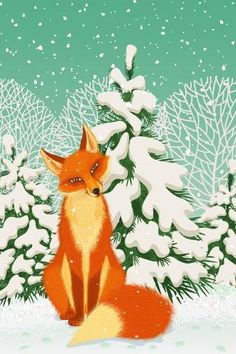 a red fox sitting in the snow with trees and snowflakes behind it,