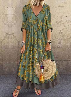 Casual Floral V-Neckline Maxi A-line Dress - Floryday Stil Boho, Vintage Casual, V Neck Dress, Yellow Dress, Look Fashion, Half Sleeves, Green Dress, Shift Dress, Floral Dress