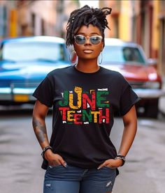 Celebrate Juneteenth is this vibrant unisex design. Juneteenth pride.  * 100% combed and ring-spun cotton (Heather colors contain polyester) * Fabric weight: 4.2 oz./yd.² (142 g/m²) * Pre-shrunk fabric * Side-seamed construction * Shoulder-to-shoulder taping * Blank product sourced from Nicaragua, Mexico, Honduras, or the US This product is made especially for you as soon as you place an order, which is why it takes us a bit longer to deliver it to you. Making products on demand instead of in bu American Independence, Nicaragua, Honduras, Unisex Design, Gift Christmas, African American, Fabric Weights, Gender Neutral, Birthday Gift