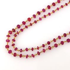 Natural Ruby Rosary Chain in 18k Solid Yellow Gold/Natural Red Color Beads/Bracelet Chain/ Anklet Chain/Red Ruby Necklace Chain/ Gold Chain Product Details > Gemstone - Natural Ruby Beads > Materials - 18k Solid Yellow Gold > Gemstone Shape - Beads >Gemstone Size: 2mm - 5mm Approx > Gemstone weight - 62.34 carats approx > Gross Weight - 18.220 grams approx > Chain Length : 44 inches Approx *Production Time: Generally we keep stock of all products but if by any chance product Red Rondelle Gemstone Beaded Bracelets, Red Ruby Beads For Gifts, Red Gemstone Beaded Bracelets With Round Beads, Red Gemstone Beads For Jewelry Making, Red Rondelle Beads For Gift, Red Rondelle Beads For Gifts, Red Briolette Gemstone Beads Jewelry, Red Ruby Necklace, Sapphire Jewelry Set