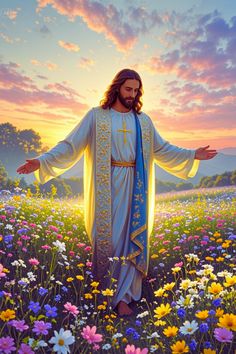 jesus standing in a field full of flowers