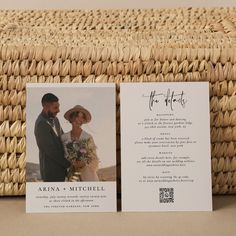 the wedding program is displayed in front of a wicker basket with a photo on it