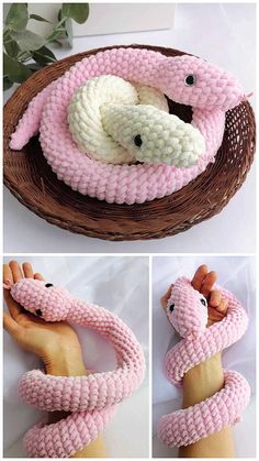 crocheted snake toy is being held by someone's hand in the process of making it