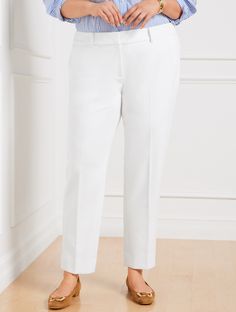 Talbots Hampshire Ankle Pants. Our versatile straight-leg silhouette. New Invisiflex Comfort Waist Technology has an invisible elastic back waistband that adjusts to your body for the perfect, comfortable fit. Fully lined double cloth fabric with stretch flatters all day, every day. Hello, legs. Also available in Talbots Hampshire Ankle Pants - Lined - Curvy Fit. Features Flat front/trouser Straight leg Hits at waist Ankle length Fly front with hook & bar closure Front slash, back welt pockets L Stretch Cropped Leg Dress Pants For Business Casual, Spring Ankle-length Dress Pants With 4-way Stretch, Workwear Cropped Leg Pants With 4-way Stretch, Classic Ankle Pants With Comfort Stretch, Elegant Comfort Stretch Straight Pants, Elegant Fitted Ankle-length Capris, Comfort Stretch Cropped Leg Pants For Workwear, Elegant Straight Leg Stretch Capris, Comfort Stretch Cropped Pants For Work