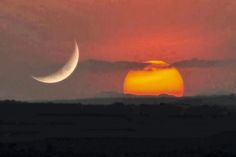 the sun is setting with two crescents in the sky and one half moon on the horizon