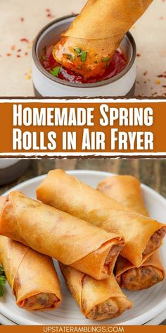 Homemade Spring Rolls in Air Fryer Homemade Spring Rolls Air Fryer, Airfryer Spring Rolls, Airfryer Chinese Recipes, Homemade Crab Rangoon Air Fryer, Air Fry Spring Rolls, Breakfast Spring Rolls, Air Fryer Egg Roll Wrapper Recipes, Air Fryer Spring Rolls Recipe, Asian Air Fryer Recipes