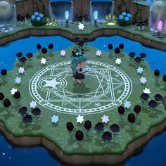 a cartoon character is standing in the middle of a circle surrounded by flowers and plants