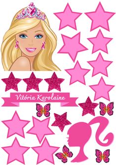 barbie princess wall decals with pink stars and butterflies on the bottom, and an image of