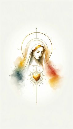 the virgin mary holding a heart in her hands and surrounded by watercolors on a white background