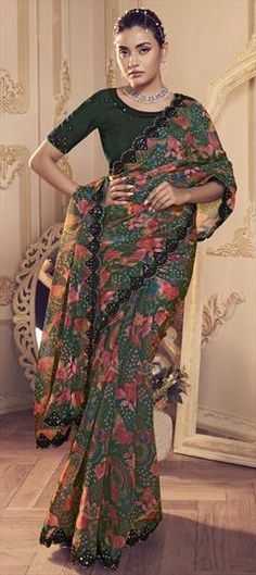 Green color Saree in Silk fabric with Border, Sequence, Zircon work Multicolor Floral Print Dupatta For Reception, Multicolor Floral Print Saree For Reception, Green Floral Print Dupatta For Reception, Green Bohemian Dupatta For Reception, Green Printed Wedding Dress, Green Wedding Dress With Printed Motifs, Green Wedding Dupatta With Printed Motifs, Multicolor Floral Print Blouse For Wedding, Wedding Floral Print Multicolor Blouse Piece