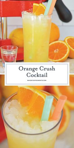 an orange crush cocktail in a glass with two straws