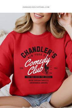 Looking for a wardrobe upgrade? This Chandler's Comedy Club Sweatshirt, inspired by the hilarious Friends TV Show episode, is perfect for fans like you! With vintage, retro, and 90's nostalgia elements, a casual aesthetic and funny graphic design, this crewneck sweatshirt is sure to turn heads and make you the center of the group! Funny Graphic Design, Wardrobe Upgrade, Witch Sweatshirt, Sweatshirt Aesthetic, Trendy Hoodies