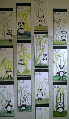 the pandas are painted in different colors and designs on the wall, along with bamboo trees