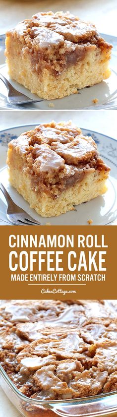 cinnamon roll coffee cake made entirely from scratch on a blue and white plate with text overlay