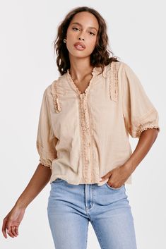 aiya-lace-trim-shirt-mellow-peach Spring Button-up Tops With Frayed Hem, Cotton Blouse With 3/4 Sleeves For Day Out, Spring Cotton Shirt With Frayed Hem, Daywear Ruffled Tops With 3/4 Sleeves, Casual Ruffled Half Sleeve Blouse, Daywear Tops With Ruffles And 3/4 Sleeves, Ruffled Tops With 3/4 Sleeves For Daywear, Casual Half Sleeve Blouse With Ruffles, Cotton Half Sleeve Blouse For Daywear