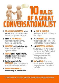 an orange and white poster with the words 10 rules of a great conversationalist