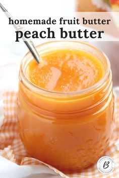 there is a jar of peach butter on the table