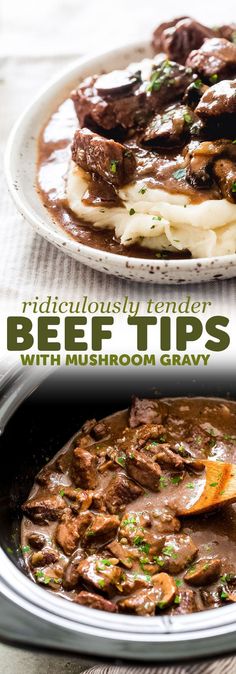 beef tips with mushroom gravy in a skillet