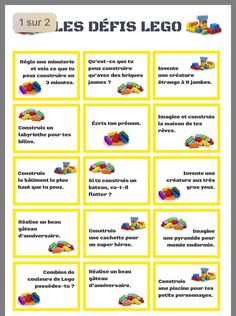 the french language poster for legos is shown in yellow and blue, with instructions on how