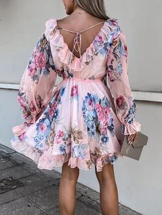 Deep V-Neck Ruffles Long Sleeve Floral Printing Dress