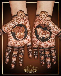 two hands with henna designs on them, one is decorated with flowers and the other has