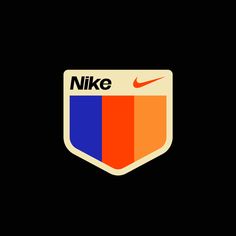 the nike logo is shown in orange, blue and red on a black background with an orange stripe