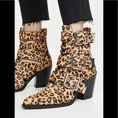 Jeffrey Campbell Cheetah Buckle Booties Never Worn Size 5.5 New With Tags Leopard Print Leather Boots For Spring, Spring Leopard Print Leather Boots, Knee High Western Boots, Jeffrey Campbell Lita, Free People Boots, Velvet Ankle Boots, Buckle Booties, Lace Up High Heels, Black Platform Boots