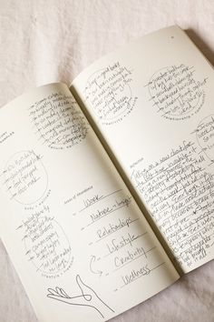 an open book with writing on it sitting on top of a white sheeted surface