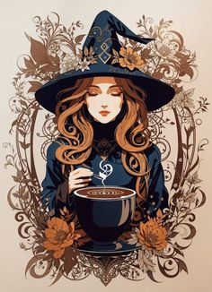 a woman wearing a witches hat holding a cup of coffee