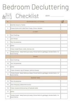 the bedroom decluttering checklist is shown