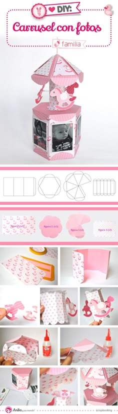 the instructions for how to make an origami doll house with pink and white paper