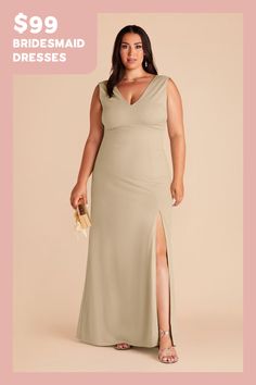 a woman in a long dress with the words $ 99 bridesmaid dresses on it