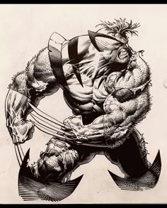 a black and white drawing of a man in the shape of a wolverine with claws on his chest