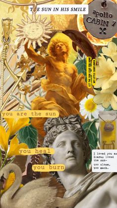 the collage is made up of many different images and words, including an image of a woman with flowers