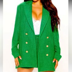 Reposhing This Item I Purchased From @Loves_326. Tweed Shorts, Tweed Blazer, Green Gold, Matching Sets, Green And Gold, Blazer Suit, Suit Jacket, Jackets & Coats, Jackets For Women