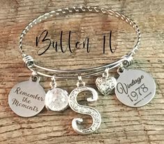 "Perfect gift for any special friend or sister in your life who is having a milestone birthday, or celebrating any birthday. This bracelet features a stainless steel expandable bangle bracelet, that measures 60mm in size (expandable to fit wrist 7-8\"). Dangling from the bangle bracelet will be *Your choice of stainless steel charm - Always my sister forever my friend heart, Live Laugh Love, Friends are family we choose, Friends are the Sunshine of Life, or Remember the Moments. * cracked glass Vintage Jewelry For Mother's Day Personalized Gift, Vintage Personalized Bracelets For Gifts, Initials Jewelry For Birthday, Nickel-free Jewelry For Anniversary, Silver Bracelet For Anniversary With May Birthstone, Silver Hallmarked Bracelet For Anniversary, Hand Stamped Stainless Steel Jewelry For Anniversary, Silver Initials Jewelry For Birthday, Initials Silver Jewelry For Birthday