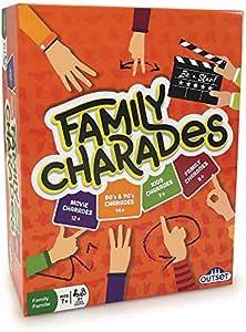 the family charades board game is shown in front of an orange box with hands on it