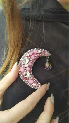 Beaded Brooch Pink Moon Brooch Pin Moon Crystal Pin Jewerly - Etsy Ukraine Pink Beaded Brooches For Party, Pink Beaded Party Brooches, Handmade Pink Brooches For Party, Handmade Pink Party Brooches, Sailor Moon Brooch, Moon Brooch, Hijab Pins, Moon Crystal, Pink Moon