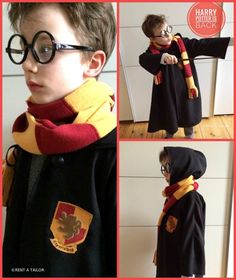 a collage of photos with harry potter costume and glasses, including an image of a young boy